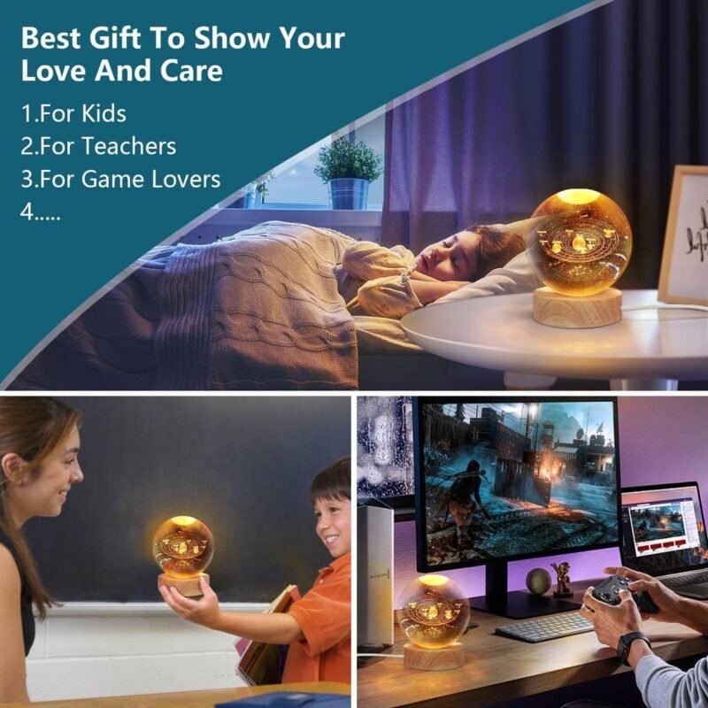 Crystal Ball Night Light,2.4 Inch Glass Ball Night LED Lamp with Woodern Base,Decorations Gifts for Men,Women,Kids,Boys,Girls,Teens - Image 3