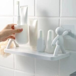 Wall Hanging Bathroom Storage Human Hook Rack Floating Wall Ledge Shelf Simple Wall Mounted Bookshelf Home Office Shelves (Plastic , Glossy, White)