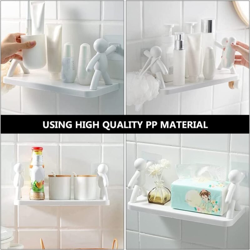 Wall Hanging Bathroom Storage Human Hook Rack Floating Wall Ledge Shelf Simple Wall Mounted Bookshelf Home Office Shelves (Plastic , Glossy, White) - Image 5