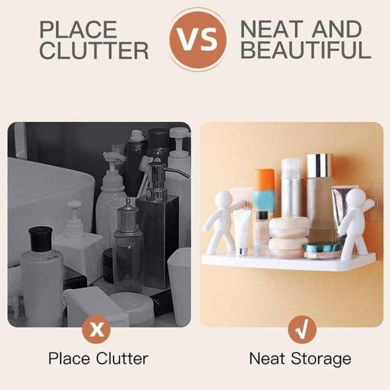 Wall Hanging Bathroom Storage Human Hook Rack Floating Wall Ledge Shelf Simple Wall Mounted Bookshelf Home Office Shelves (Plastic , Glossy, White) - Image 3