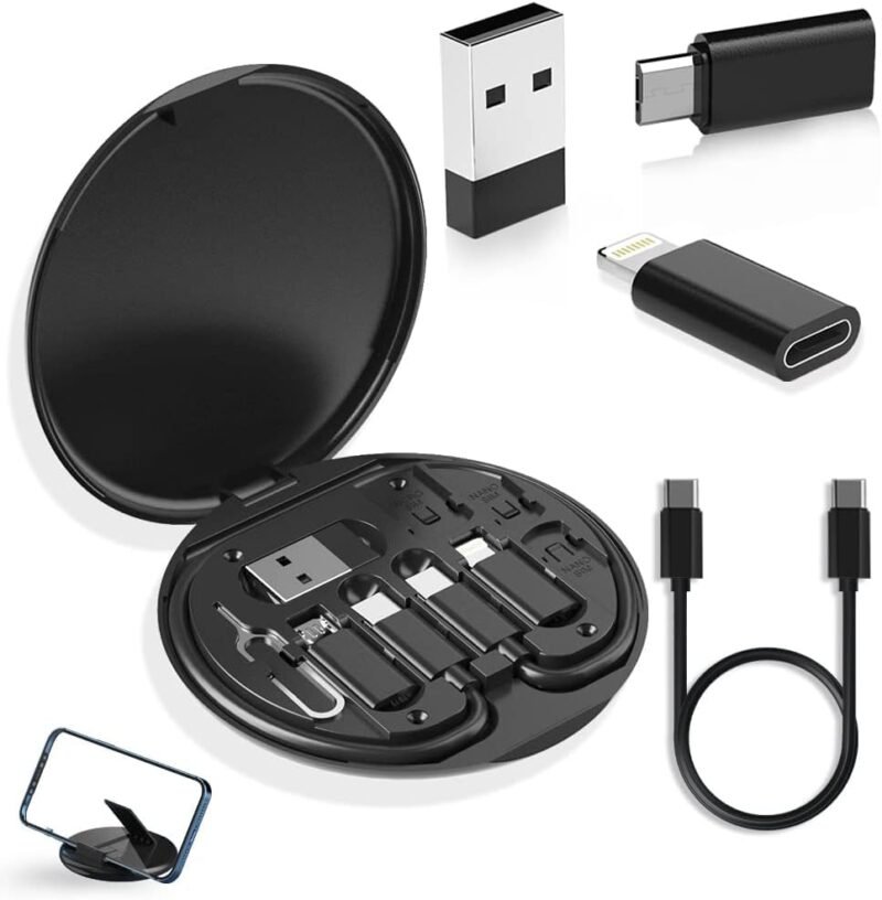 Multifunctional Data Cable Conversion Head Portable Storage Box, Multi-Type Charging Line Convertor USB Type C Adapter Tool Contain Sim Card Slot Tray Eject Pin, Phone Holder(Multi-colour)