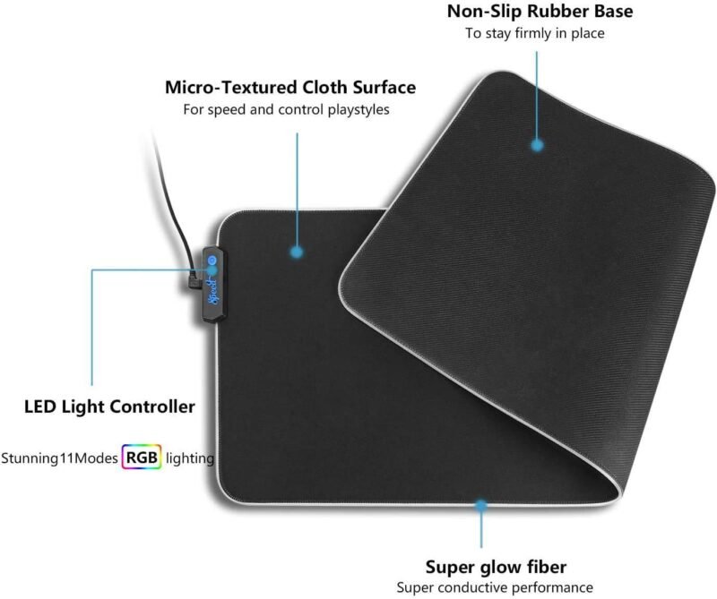 RGB Gaming Mouse Pad, Soft Glowing 14 LED Modes, Gaming Desk Keyboard Pad, Mouse Mat, Non-Slip Rubber Base - 78x30 cm - Black - Image 2