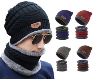 Unisex Winter Warm 3 in 1 Beanie Woolen Cap with Neck Muffler