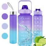 Unbreakable Silicone Water Bottle, Motivational Water Gallon with Time Marker Large Capacity 2000ML, 900ML, 300ML, Leakproof BPA Free Fitness Sports Water Bottle (Multicolor, 3 Pcs)