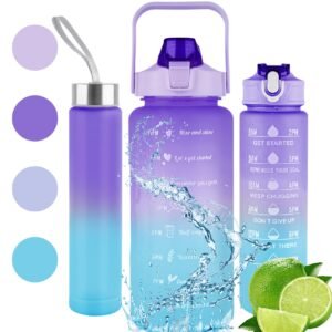 Unbreakable Silicone Water Bottle, Motivational Water Gallon with Time Marker Large Capacity 2000ML, 900ML, 300ML, Leakproof BPA Free Fitness Sports Water Bottle (Multicolor, 3 Pcs)
