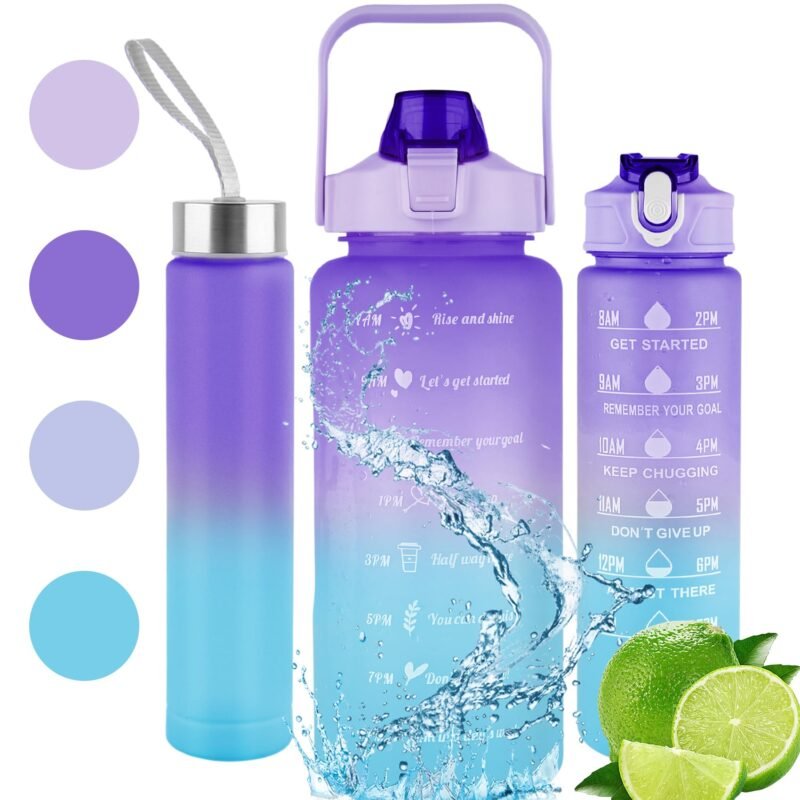Unbreakable Silicone Water Bottle, Motivational Water Gallon with Time Marker Large Capacity 2000ML, 900ML, 300ML, Leakproof BPA Free Fitness Sports Water Bottle (Multicolor, 3 Pcs)