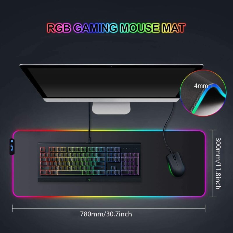 RGB Gaming Mouse Pad, Soft Glowing 14 LED Modes, Gaming Desk Keyboard Pad, Mouse Mat, Non-Slip Rubber Base - 78x30 cm - Black - Image 3