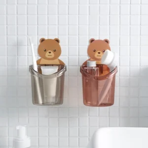 Multipurpose Teddy Bear Toothbrush Holder Self Adhesive Plastic Wall Mounted Cup with Strong Adhesive Sticker (Pack of 1)