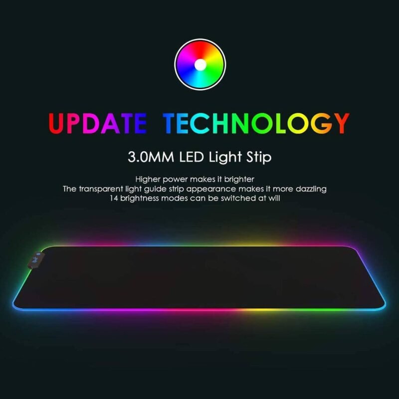 RGB Gaming Mouse Pad, Soft Glowing 14 LED Modes, Gaming Desk Keyboard Pad, Mouse Mat, Non-Slip Rubber Base - 78x30 cm - Black - Image 5