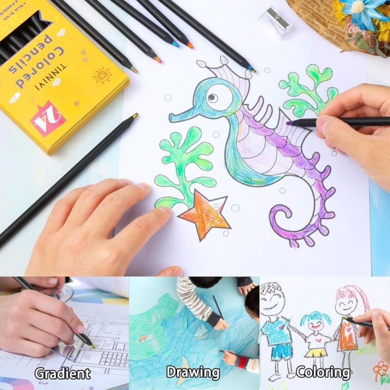 12Pcs - 7 in 1 Black Wooden Rainbow Pencils | Multicolored Fun Pencils for Kids and Adults | Colors Pencils Art Supplies for Colour, Sketching, Shading, Drawing, Blending, School, Office Use - Image 2