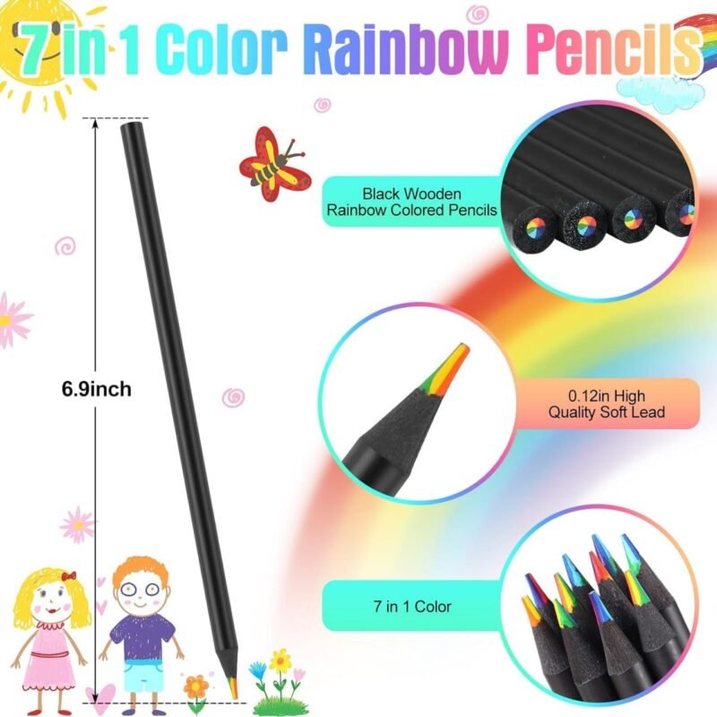 12Pcs - 7 in 1 Black Wooden Rainbow Pencils | Multicolored Fun Pencils for Kids and Adults | Colors Pencils Art Supplies for Colour, Sketching, Shading, Drawing, Blending, School, Office Use - Image 3